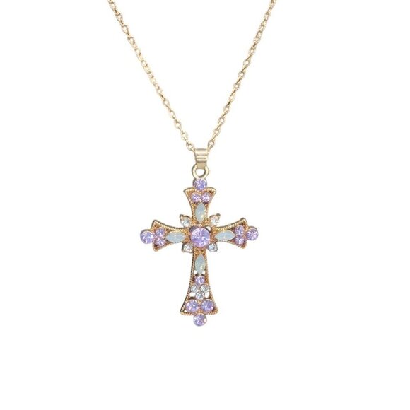 Sparkling Purple Rhinestone & Faux Opal Cross Pendant Necklace 19" Gold Plated - Picture 16 of 16